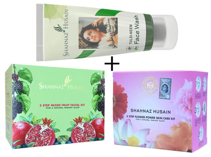 Shahnaz Husain 5 Step Flower Power Skin Care and 5 Step Mixed Fruit Facial Kit with Tulsi Neem Face Wash