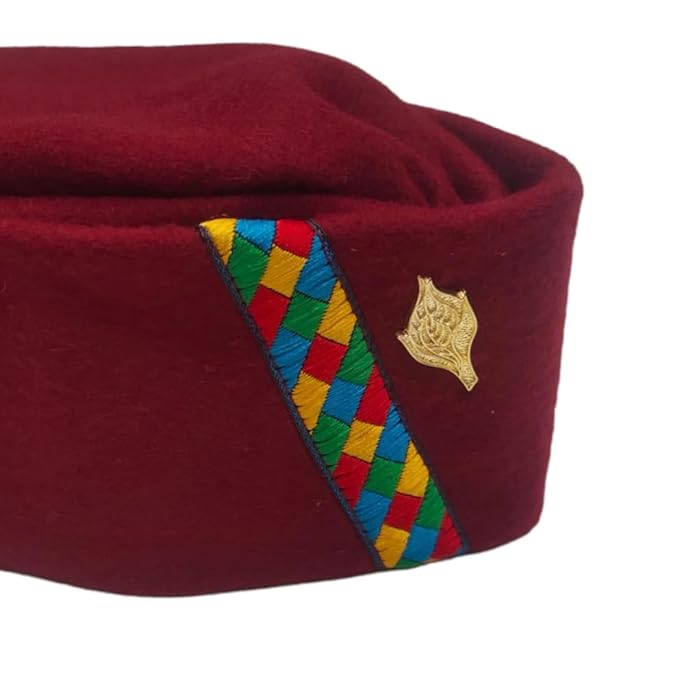 Uttarakhand Pahadi Topi/Cap Maroon, Brhamkamal Uttarakhandi Topi, Pahadi Cap, Himachali Cap Maroon Golden Emblem