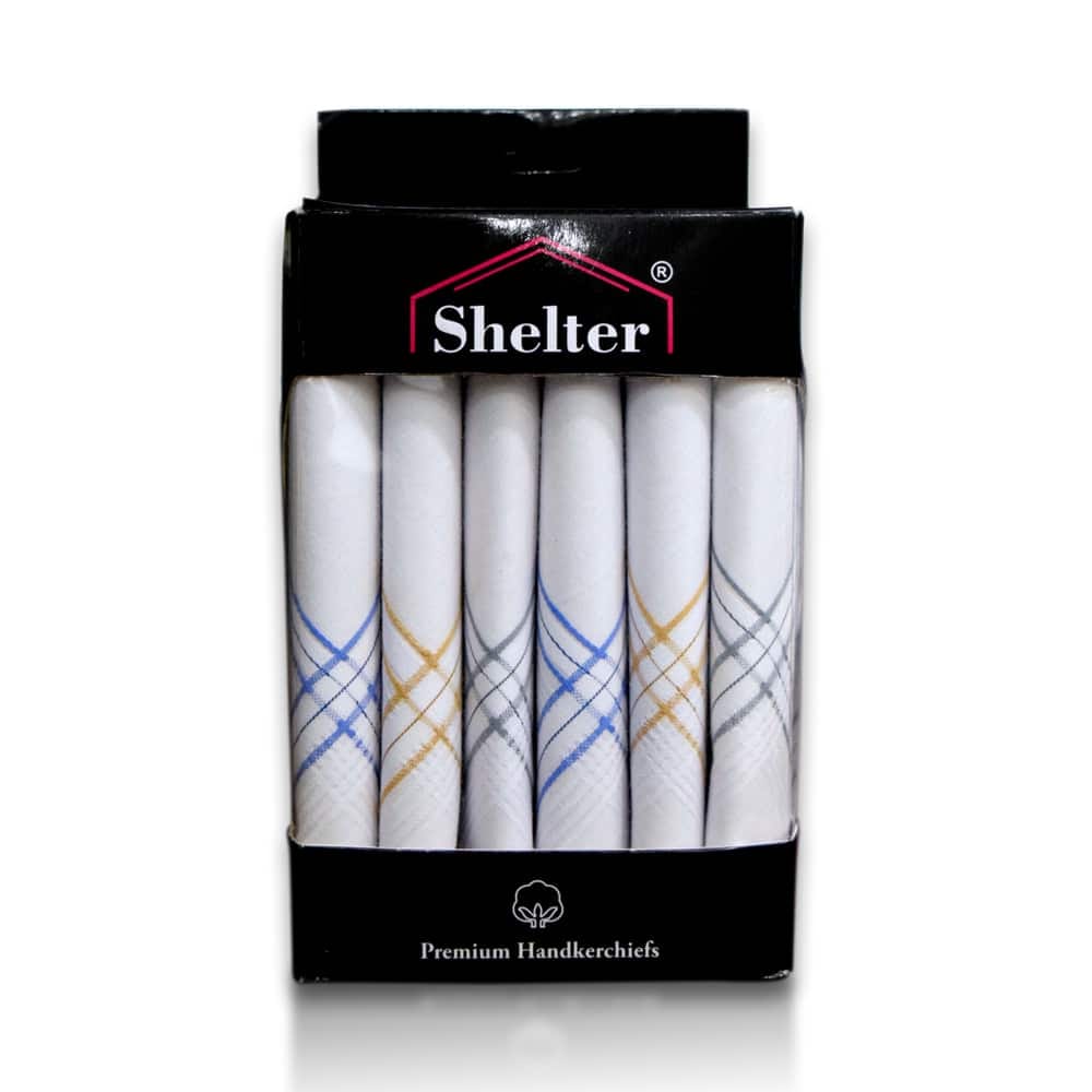 SHELTER Premium HandKerchiefs 100% | Cotton Hankies White With Color Border | Size 46 x 46 CM Pack of 6