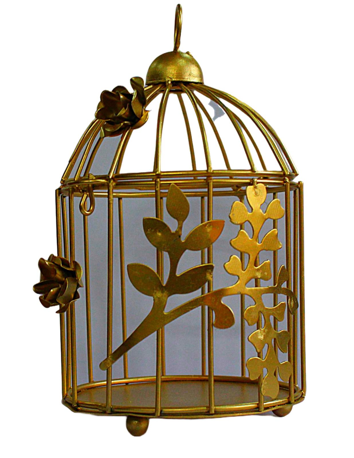 Brass Gallery India Modern Style Iron Decorative Bird Cage with Hanging Chain, Cork String Light Tabletop or Hanging Tealight Holder Candle Holder (Small Golden)