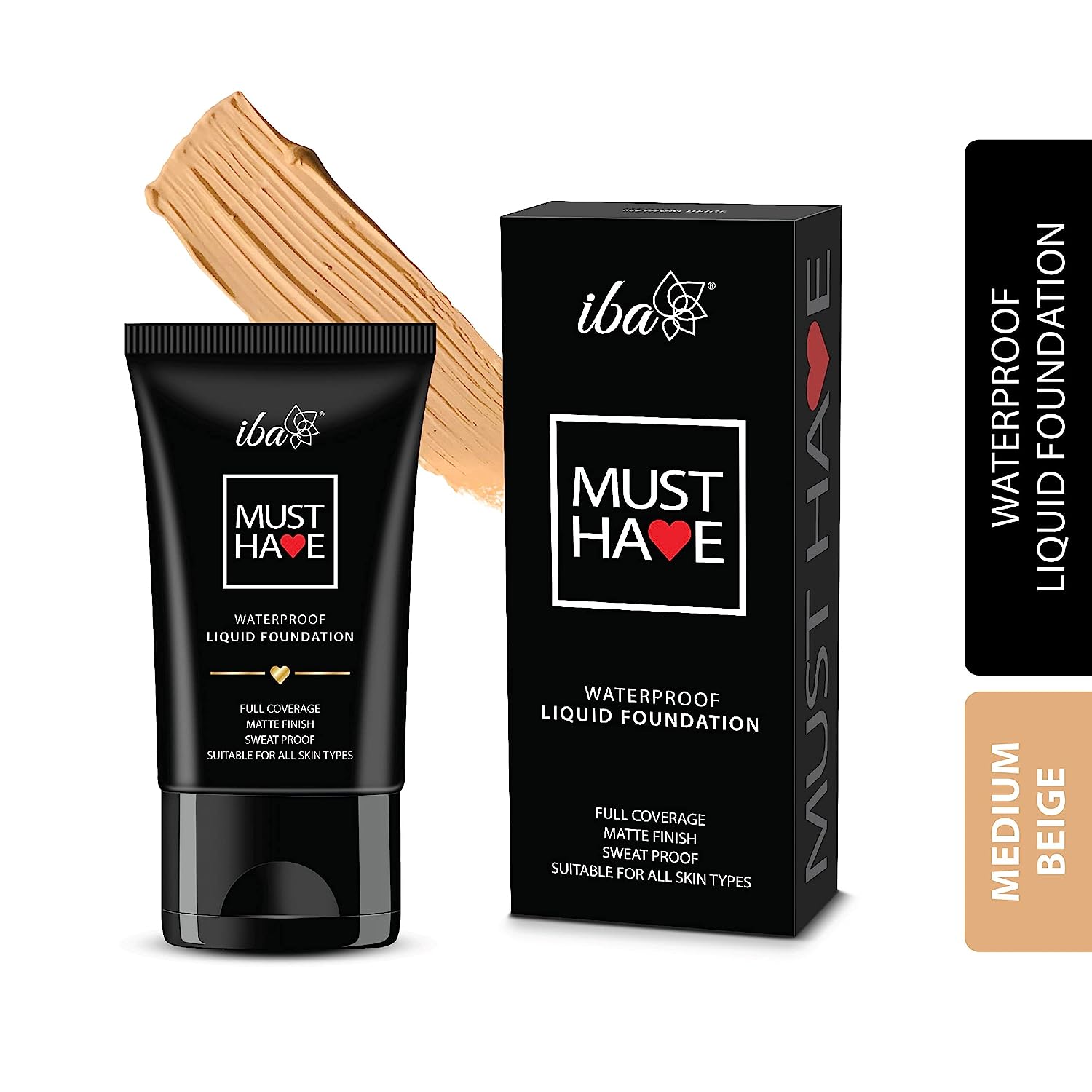 Iba Must Have Waterproof Liquid Foundation - Medium Beige, 30ml | Full Coverage l Long Lasting | Oil Free & Lightweight Matte Finish l Face Makeup | 100% Natural, Vegan & Cruelty-Free