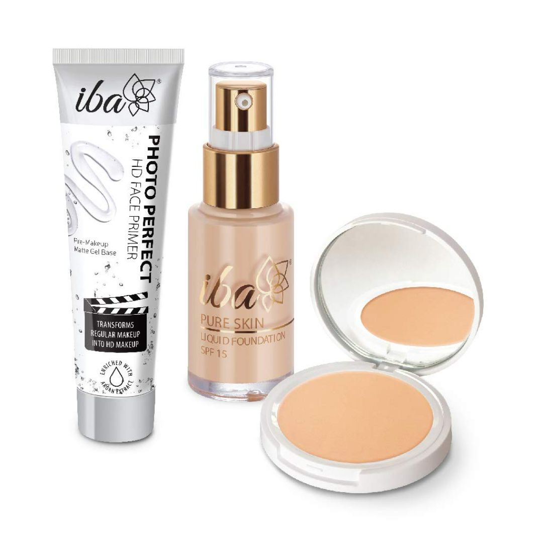 Iba Primer + Foundation + Compact Combo ml Sun Beige 30 millilitre l Long Lasting Full Coverage Base Makeup l Vegan & Cruelty Free