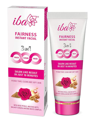 Iba 3in1 Wash, Scrub, Mask Fairness Instant Facial 100g with Rose Petals, Multani Mitti & Walnut For Scrub, Removes Tan, Fairness & Brightens Skin, Gives Instant Glow