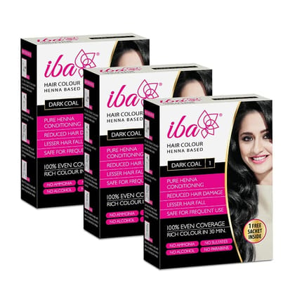 Iba Hair Colour - Dark Coal, 70g (Pack of 3) | 100% Pure Henna Based Powder Sachet | Naturally Coloured Hair & Long Lasting | Conditioning | Reduced Hair fall & Hair Damage | Shine & Nourish Hair | Paraben, Chemical, Ammonia & Sulphate Free Formula