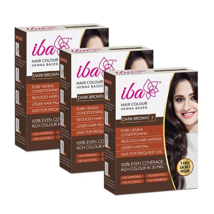 Iba Hair Colour - Dark Brown, 70g (Pack of 3) | 100% Pure Henna Based Powder Sachet | Naturally Coloured Hair & Long Lasting | Conditioning | Reduced Hair fall & Hair Damage | Shine & Nourish Hair | Paraben, Chemical, Ammonia & Sulphate Free Formula