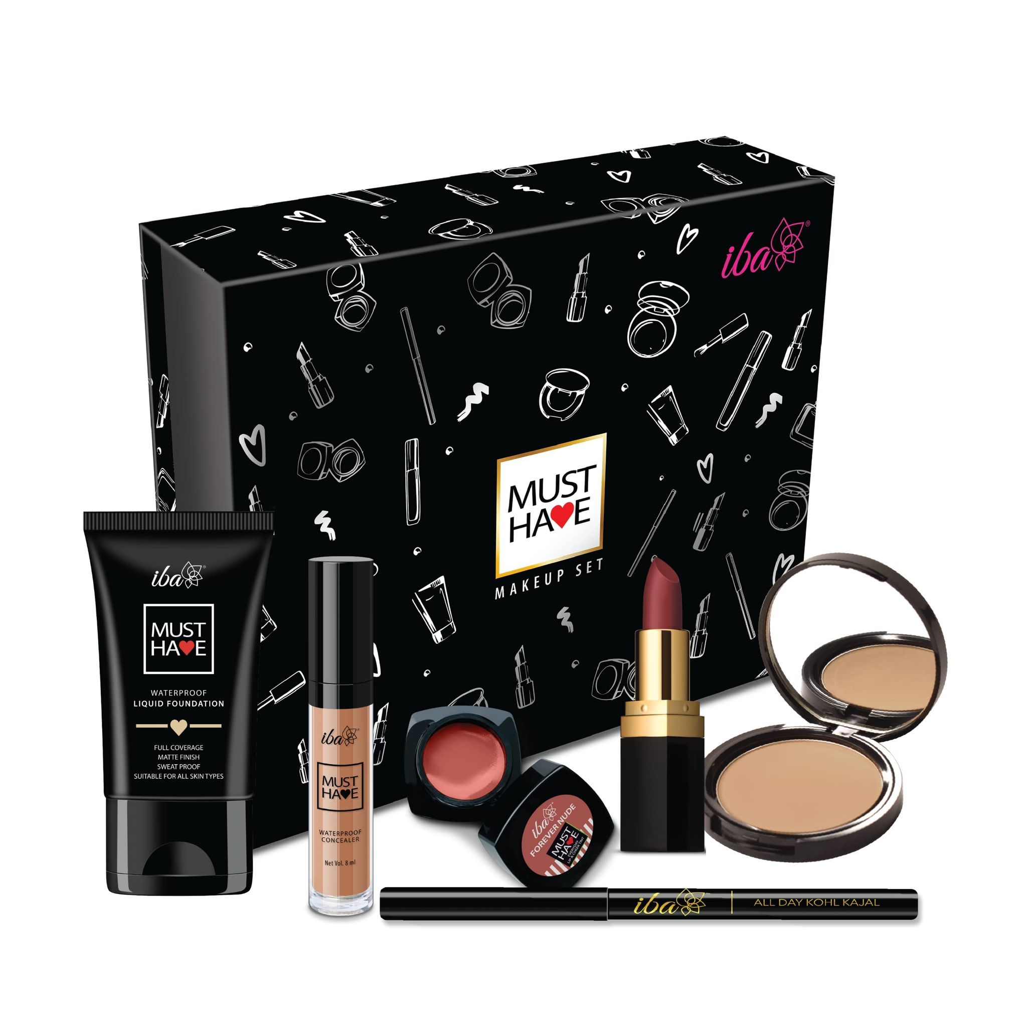 Iba Must Have Makeup Set for Women l Waterproof Foundation l Concealer l Matte Compact l Lip & Cheek Tint l Matte Lipstick l Smudge Proof Kajal | Long- Lasting | Full Coverage