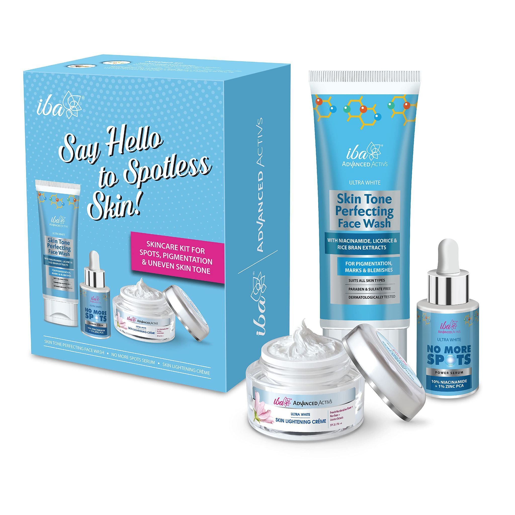 Iba Say Hello to Spotless Skin Kit- Advanced Niacinamide Complete Face Care routine Kit with Skin Tone Perfecting Face wash No More Spots Power Serum & Skin Lightening Cr?me | For Acne Marks Reduces Dark Spots & Pigmentation | Sulfate Free & Paraben Free