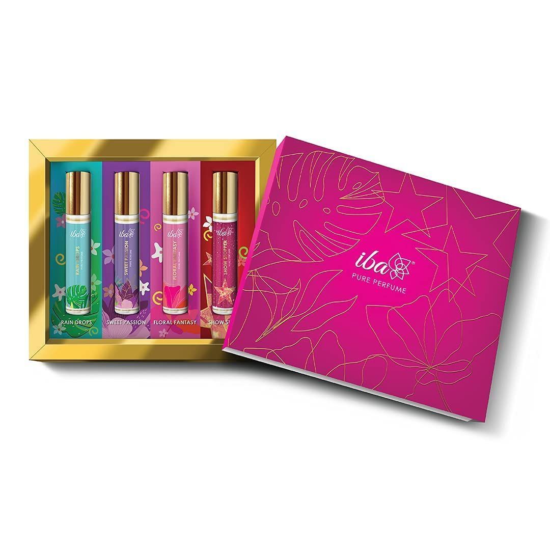 Iba Perfume Gift Set for Women (4*10 ml) Luxury Scent Aqua, Fruity, Floral, Woody, Musky & Spicy Fragrance with Long Lasting | Roll on Perfume Set | Alcohol Free