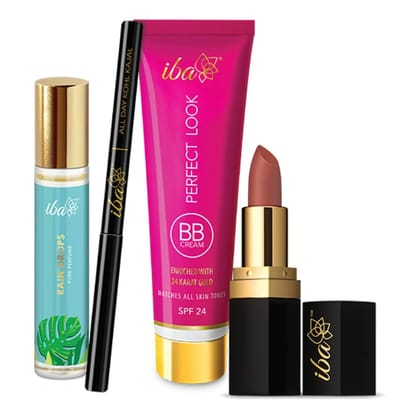 Iba Bestsellers Bundle Rain Drops Perfume, Kohl Kajal, BB Cream (Medium Shade), Lipstick (Combo of 4)