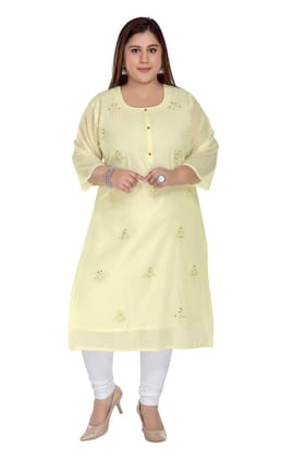 Women's Casual 3/4th Sleeve Rayon Mirror Embroidered Straight Kurti (Light Yellow, 5XL)-PID42092