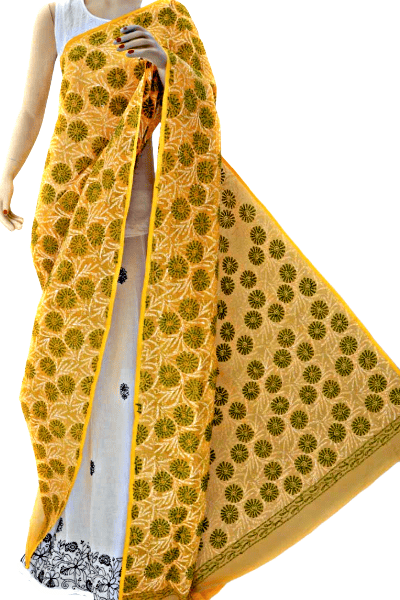 Kalabattu Yellow Allover Tepchi Hand Embroidered Lucknowi