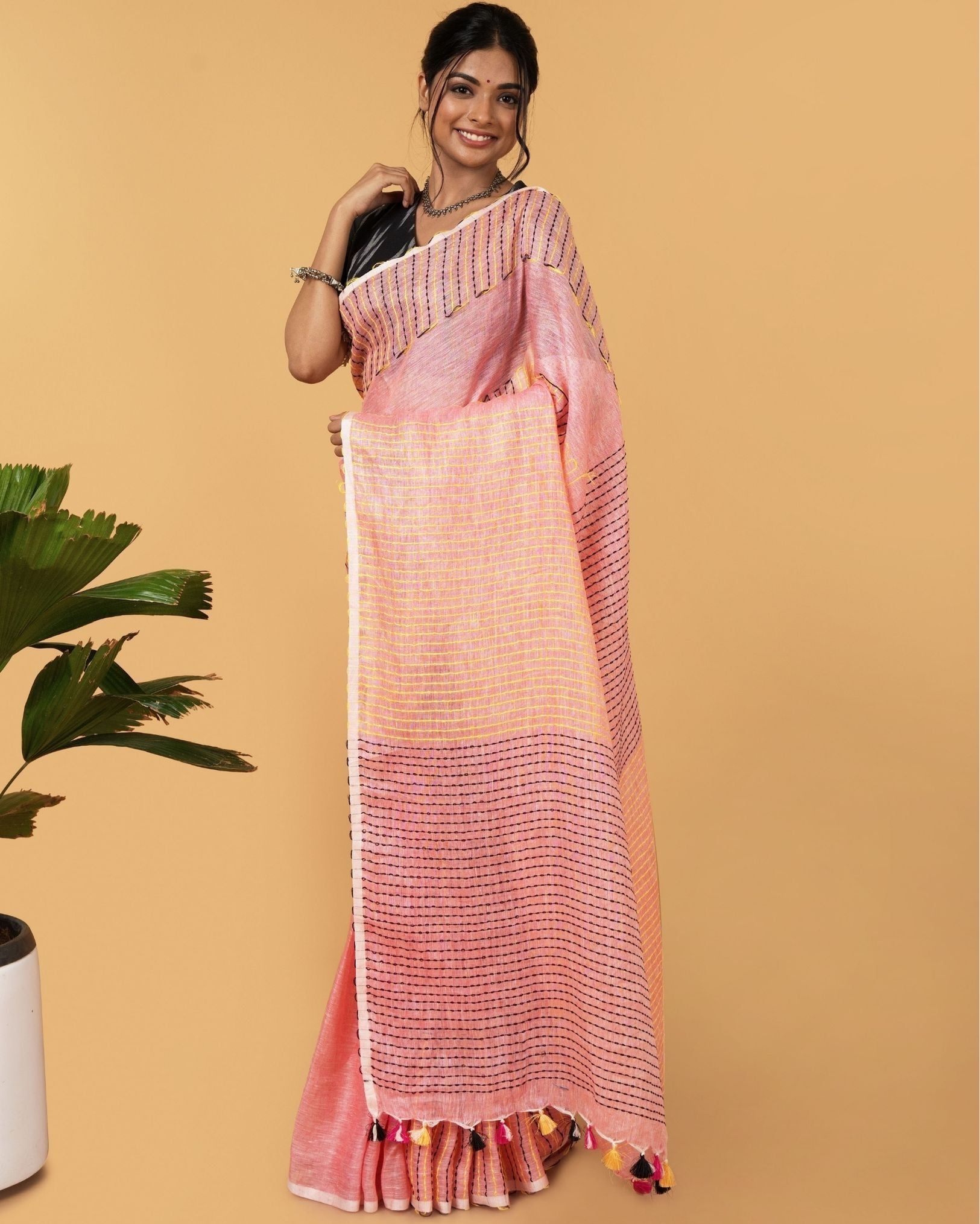 Pure Linen Weaving Design Kantha Work Peach Color Saree with Kantha Blouse-5578