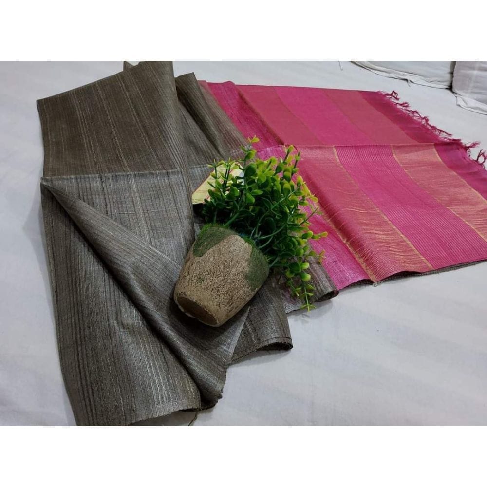 Silkmark Certified Eri Tussar Striped Black Body Saree with Pink Pallu Colour Blouse-4635