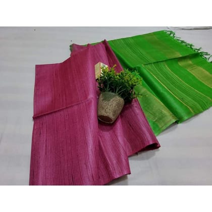 Silkmark Certified Eri Tussar Striped Pink Body Saree with Green Pallu Colour Blouse-4339