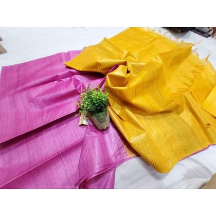 Silkmark Certified Eri Tussar Striped Pink Body Saree with Yellow Pallu Colour Blouse-6512