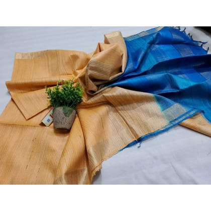 Silkmark Certified Eri Tussar Striped Body Peach Saree with Blue Pallu Colour Blouse-5914