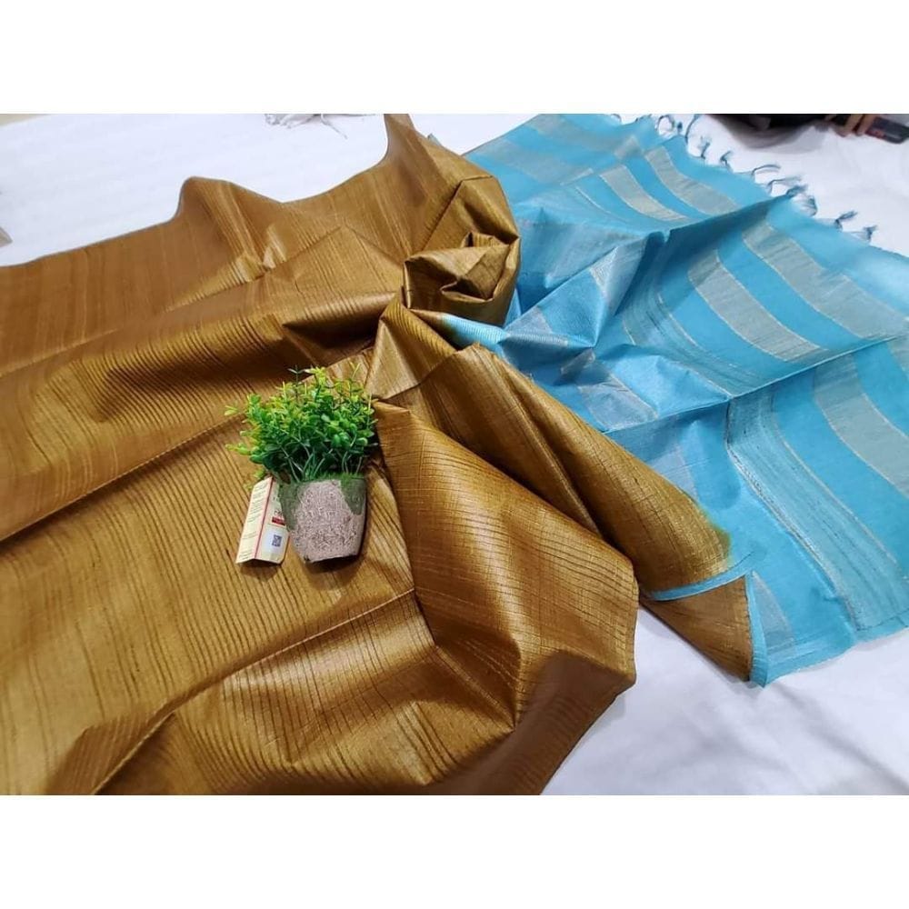 Silkmark Certified Eri Tussar Striped Brown Body Saree with Blue Pallu Colour Blouse-9280