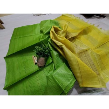 Silkmark Certified Eri Tussar Striped Green Body Saree with Yellow Pallu Colour Blouse-2631