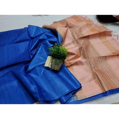 Silkmark Certified Eri Tussar Striped Blue Body Saree with Peach Pallu Colour Blouse-5470