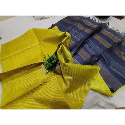 Silkmark Certified Eri Tussar Striped Yellow Body Saree with Blue Pallu Colour Blouse-3295