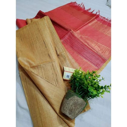 Silkmark Certified Eri Tussar Striped Mustard Brown Body Saree with Red Pallu Colour Blouse-8841