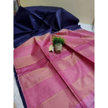 Silkmark Certified Eri Tussar Striped Blue Body Saree with Pink Pallu Colour Blouse-7643