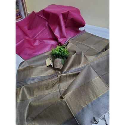 Silkmark Certified Eri Tussar Striped Pink Body Saree with Grey Pallu Colour Blouse-6238