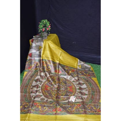 Silkmark Certified Tussar Silk Handloom Handblock Printed Yellow Saree with Blouse-9300