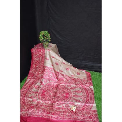 Silkmark Certified Tussar Silk Handloom Handblock Printed Biege Saree with Blouse-9986