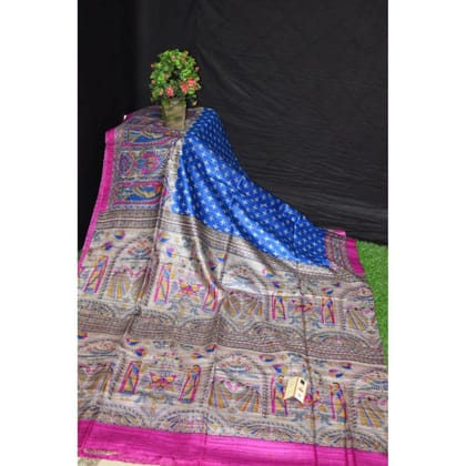 Silkmark Certified Tussar Silk Handloom Handblock Printed Blue Saree with Blouse-7660