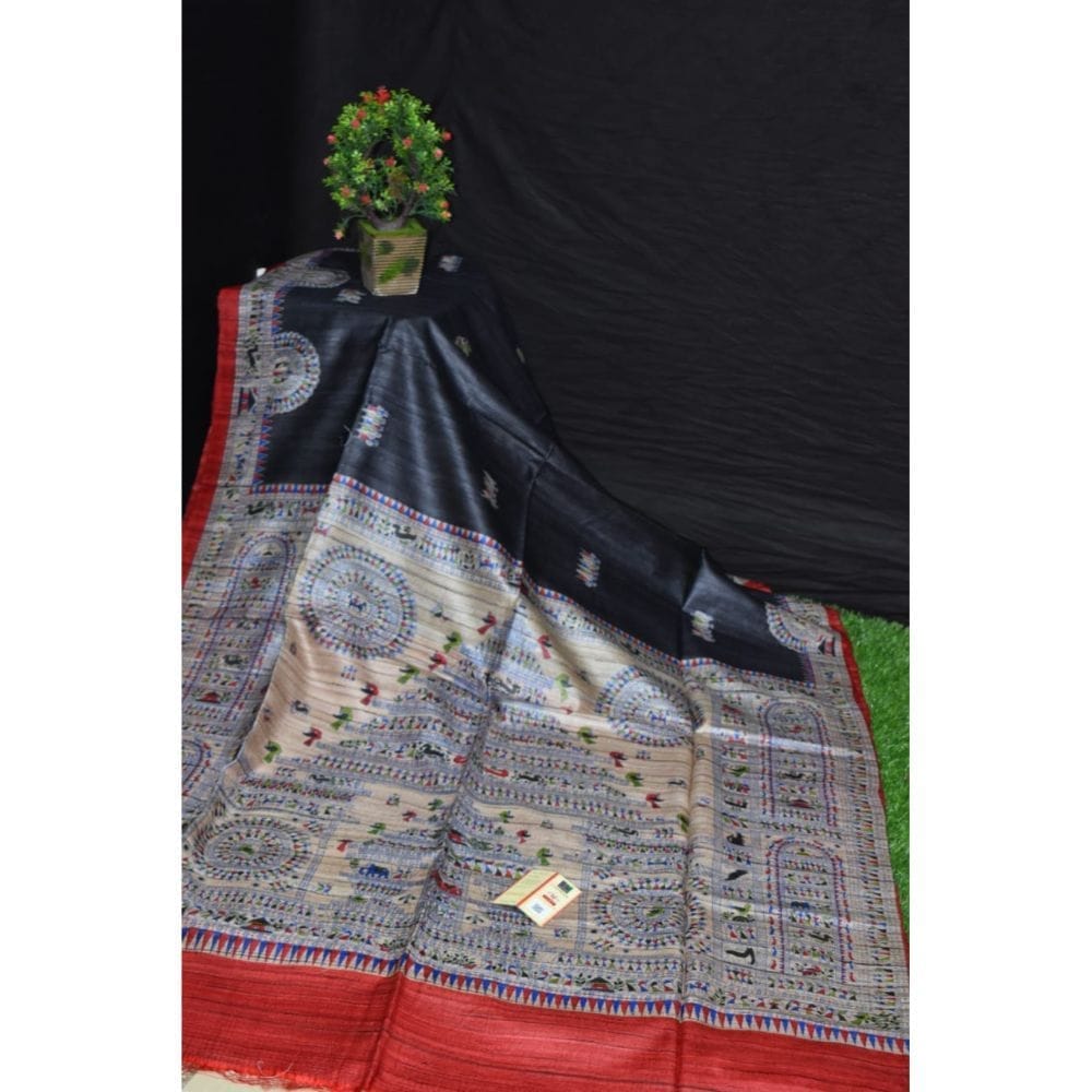 Silkmark Certified Tussar Silk Handloom Handblock Printed Black Saree with Blouse-6935