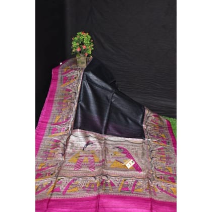 Silkmark Certified Tussar Silk Handloom Handblock Printed Black Saree with Blouse-6443