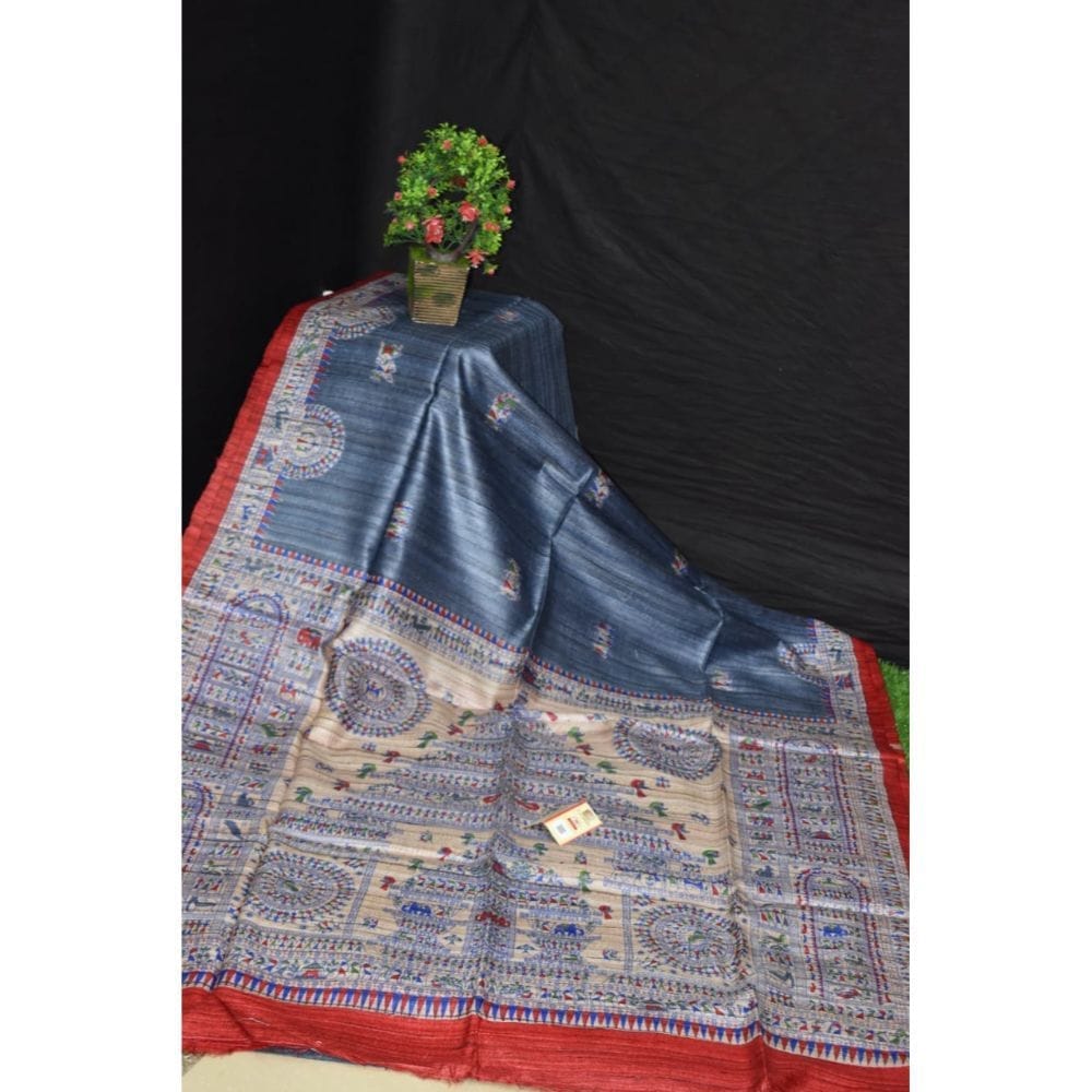 Silkmark Certified Tussar Silk Handloom Handblock Printed Blue Saree with Blouse-3887