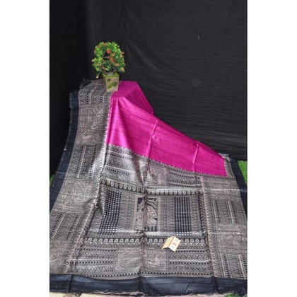 Silkmark Certified Tussar Silk Handloom Handblock Printed Pink Saree with Blouse-6663