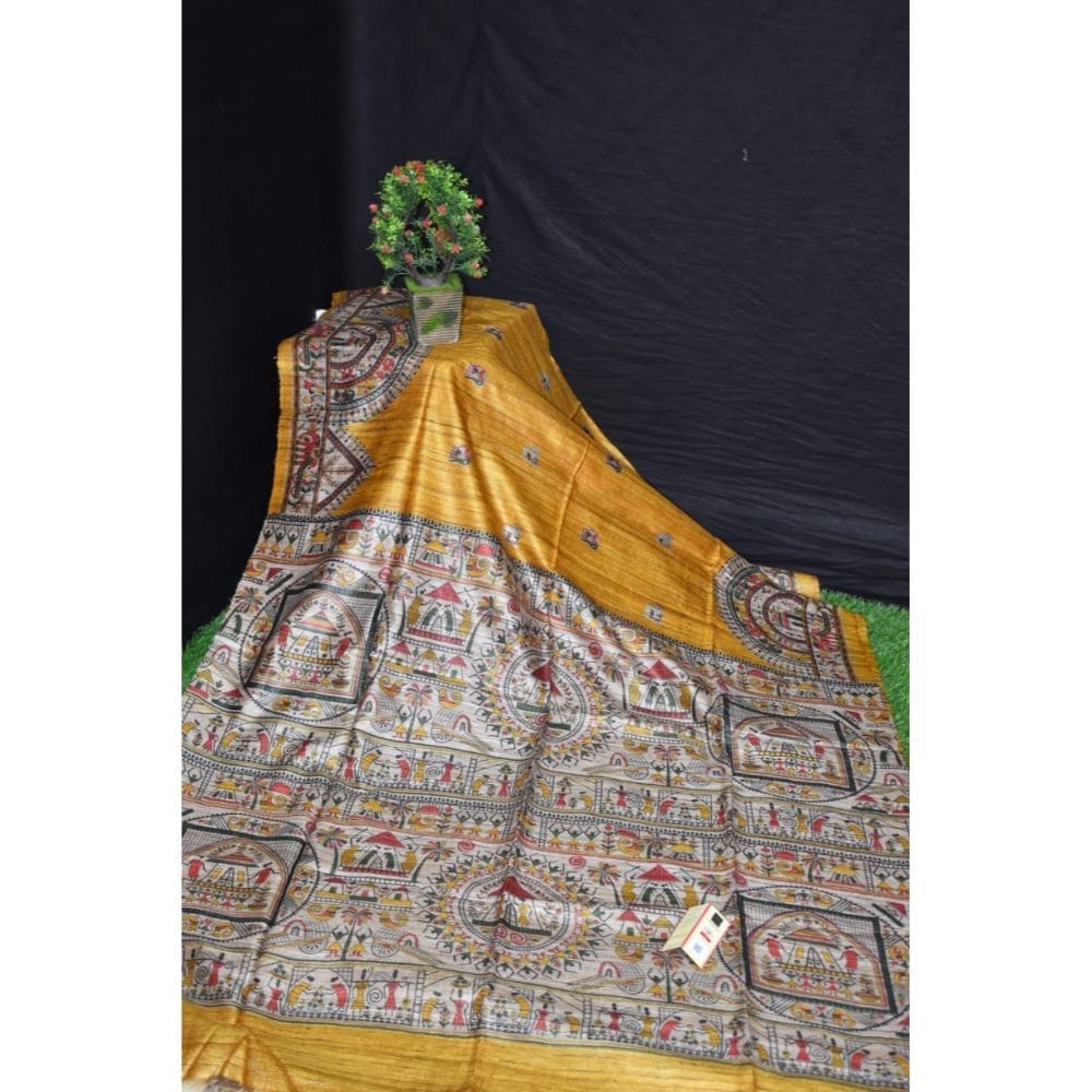 Silkmark Certified Tussar Silk Handloom Handblock Printed Mustard Yellow Saree with Blouse-5934