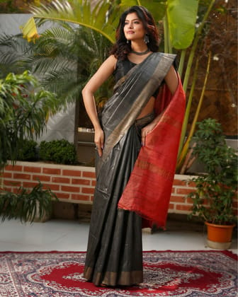 Silkmark Certified Gichcha Tussar Handloom Hand Dyed Saree Black Color with Blouse-3397