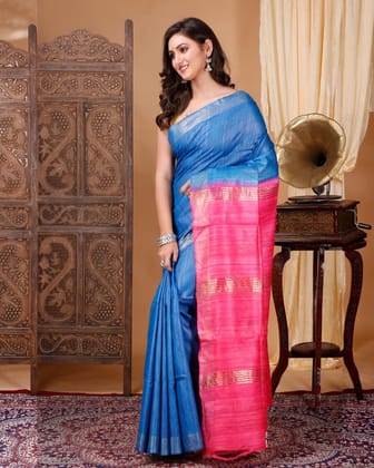 Silkmark Certified Gichcha Tussar Handloom Hand Dyed  Blue Saree with Blouse-8333