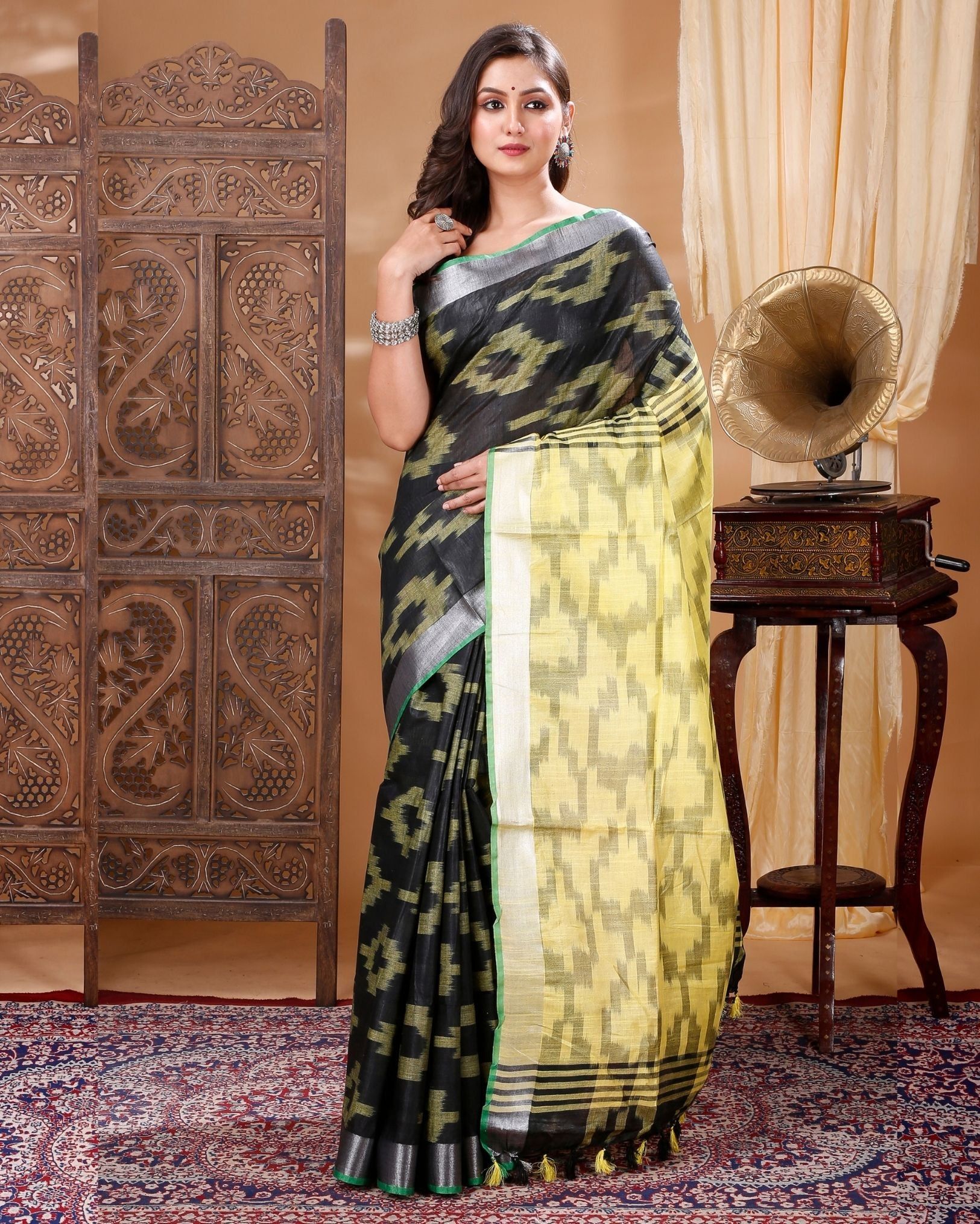 Slub Linen Ikkat work Handloom Black Saree with Blouse-9998