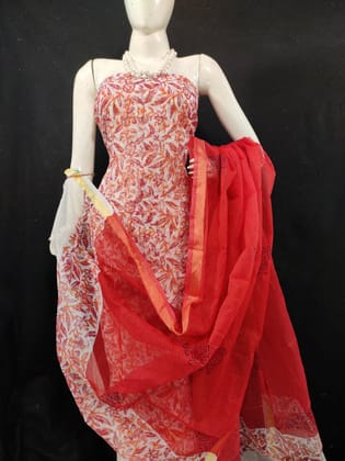 Kota Doria Red Suit Material Handblock Printed with Zari Border Dupatta-4929