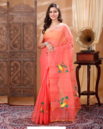 Kota Doria Embroidery Red Saree with blouse Handcrafted-4819