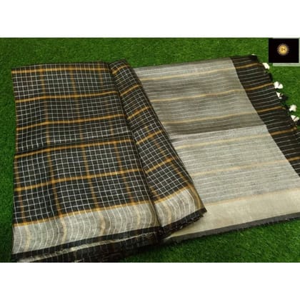 Pure Linen Check Design Handloom Black Saree with Running Blouse-5763