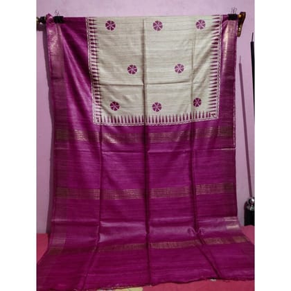 Silkmark Certified Tussar Silk Handloom Handblock Printed Biege Saree-7957