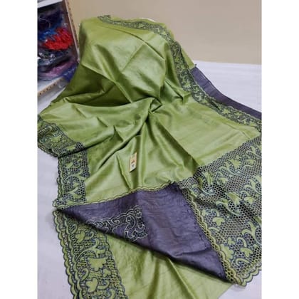 Silkmark Certifiied Pure Tussar Hand Cutwork Moss Green Saree (Tussar by Tussar Fabric)-2197