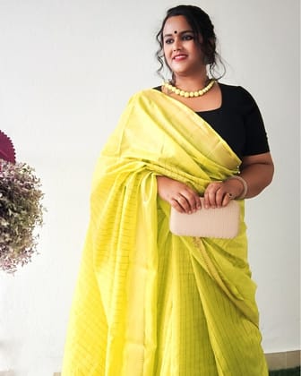 Kota Silk Saree Golden Poppy Yellow Color with Running Blouse Zari Border Handcrafted-8156