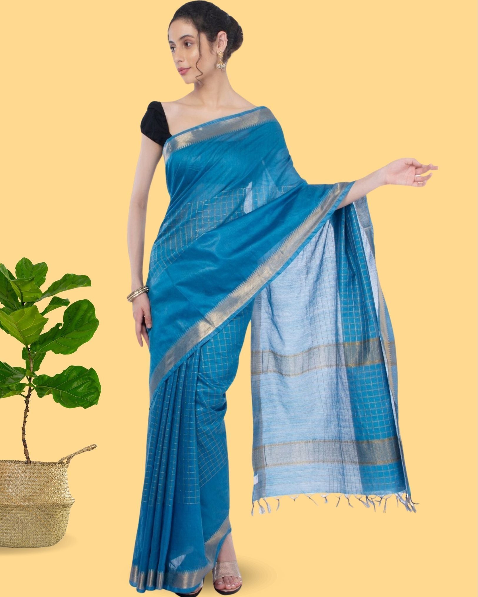 Kota Silk Saree with Running Blouse Zari Border Handcrafted-3422