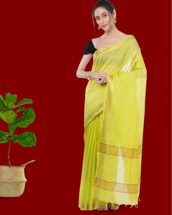 Kota Silk Saree Brass Green Color with Running Blouse Zari Border Handcrafted-6671