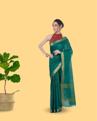 Kota Silk Green color Saree with Running Blouse Zari Border Handcrafted-3178