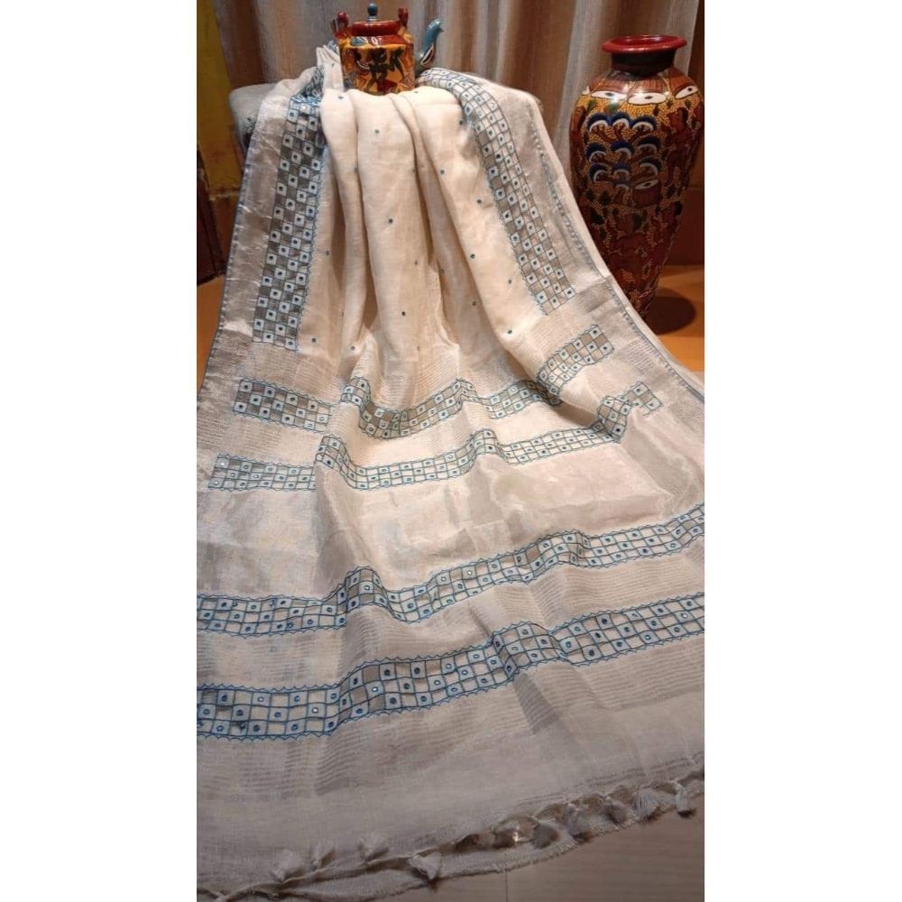 Pure Linen Hand Cutwork Design Off White Colour Saree with Running Blouse-9989