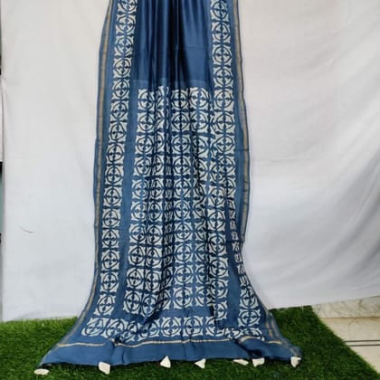 Chanderi Silk Blue Saree with blouse Hand Applique Work-2253