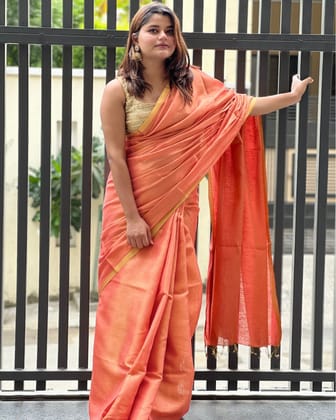 Hand Dyed Pure Tissue Linen Red Saree With Running Blouse Hand Dyed-7075